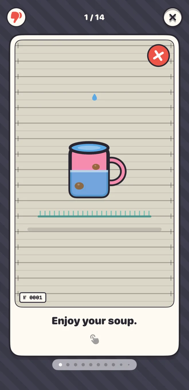 A Hall of Shame card: a mug slowly filling with water, captioned “Enjoy your soup.”